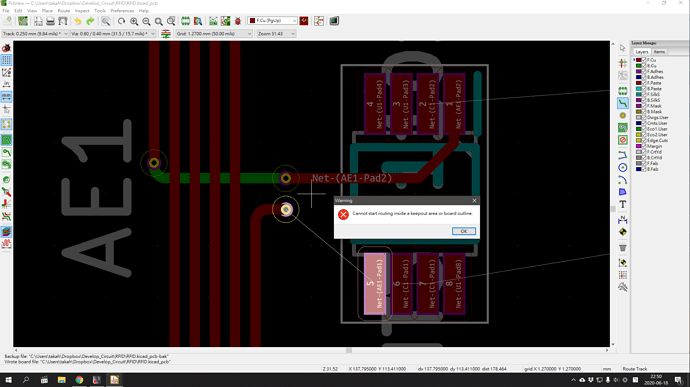 Custom Antenna Cannot Start Routing Inside A Keep Out Area Or Board Outline Layout Kicad Info Forums