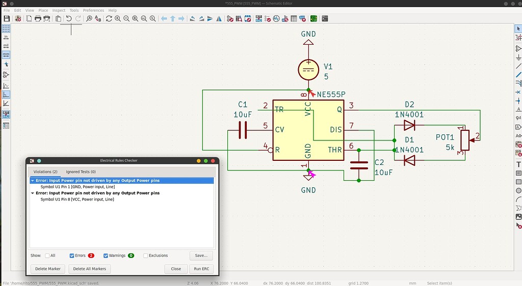 NE555P PWM generator input power pin not driven by output power pin