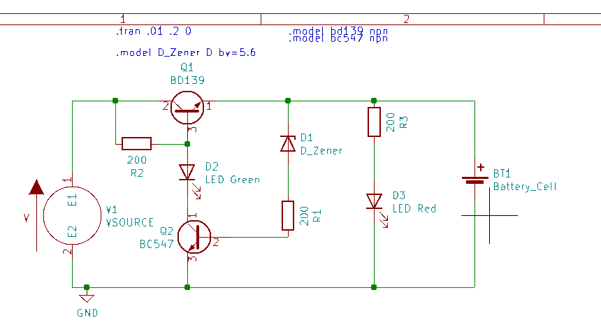 Battery charger circuit simulation Simulation Ngspice KiCad